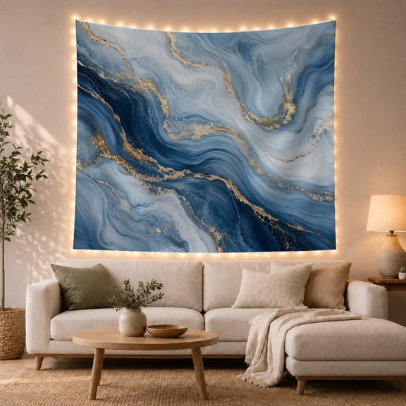 Flowing Blue and Gold Marble Texture on Cream Background, Serene Abstract for Art Lovers, Swirling Stone Decor, Housewarming Gift, Tapestry Wall Hanging for Bedroom and Living Room