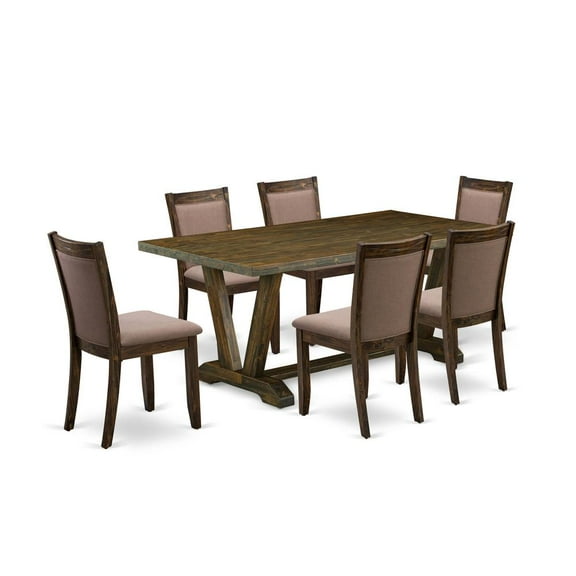 East West Furniture 7 Piece Dinner Table Set - A Distressed Jacobean Top Dinner Table with Trestle Base and 6 Coffee Linen Fabric Wood Dining Chairs - Distressed Jacobean Finish