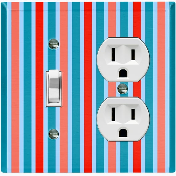 Metal Light Switch Wall Plate Outlet Cover (Vintage Red Teal Striped Wall - Single Toggle Single Duplex)