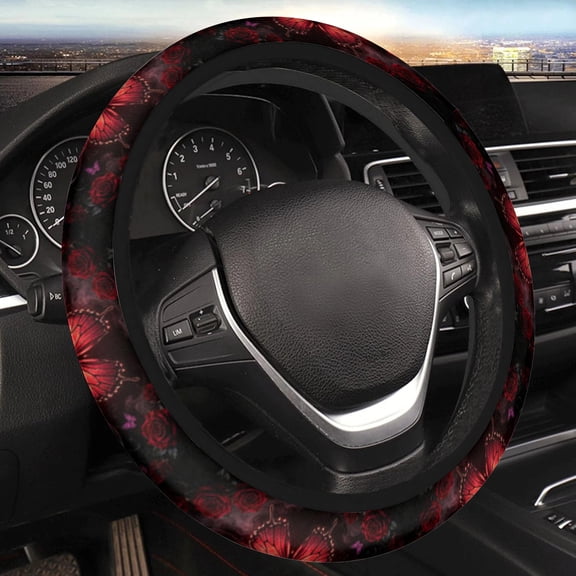 Car Steering Wheel Cover for Women Men, Non-Slip Breathable Steering Wheel, Dark Red Rose Butterfly Steering Wheel Protector, Car Accessories, Universal 14" 02/2-15" Fit Auto, Suvs