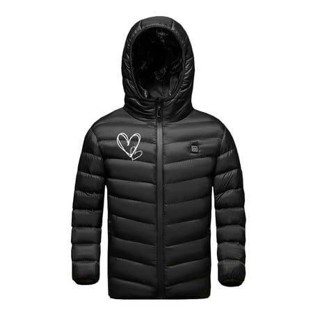 

DOSUKRAI Childrens Heated Jacket Children 3 Heating Hoodie Warm Coat Heart Print Puffer Electric USB Rechargeable Winter Zipped Thermal Windproof Flash Deals of the Day Black 8 Years