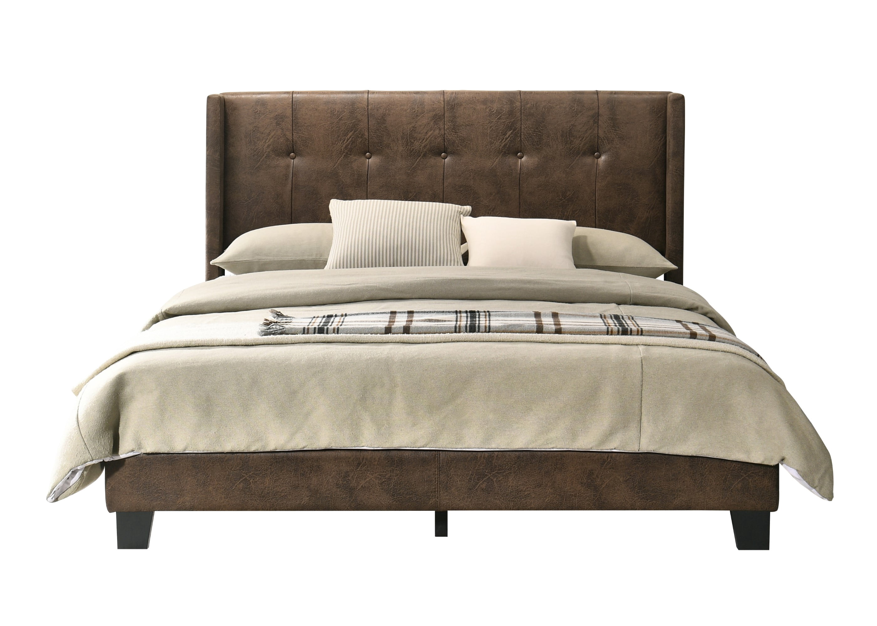 Home Design Evelyn Twin Upholstered Platform Bed Frame with Tufted Headboard and Wingback Design, Brown, Easy Assembly