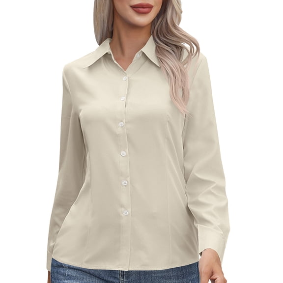 Lmueinov Women's Long Sleeve Button Down Dress Shirts Lapel Collar Slim Fit Work Blouses Wrinkle Resistant Office Business Casual Tops, S-5XL