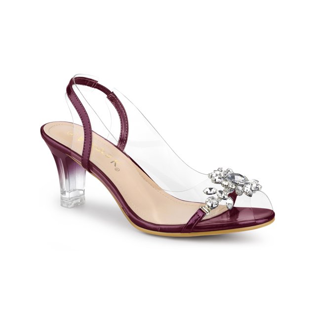 BLISSFUL STEP Women's Flower Rhinestone Slingback Clear Mid Heel Slip On Sandals Burgundy 8
