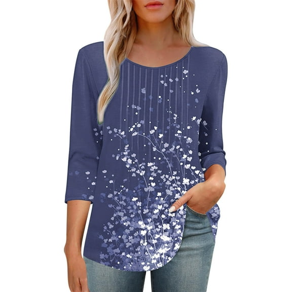 BangWanChi Women's New 3/4 Sleeve Round Neck Cover Casual Pleated Tunic Top Curved Hem Printed Fashion Tops