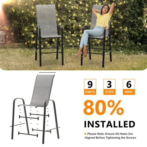 Ktaxon 2Pcs High Patio Outdoor Dining Chairs, Textilene Stackable Armrest Chairs Space Saving for Backyard Porch Garden - Silver Gray