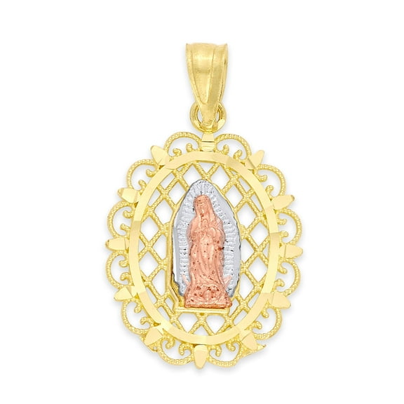 Golden Fire Solid 10k Tri Color Gold Our Lady of Guadalupe Pendant - Catholic Gifts for Women