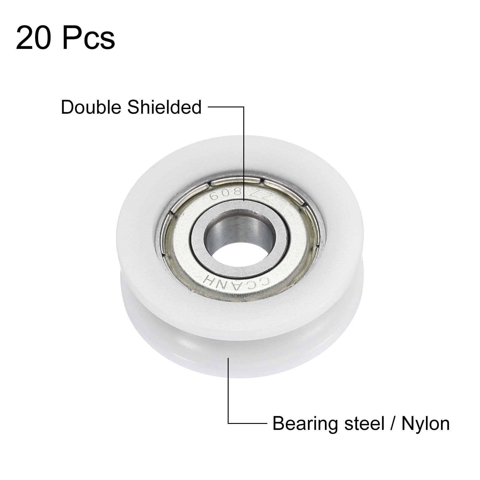 Uxcell 20 Packs U608ZZ Nylon Pulley U-Groove Ball Bearing 8x30x10mm U Groove Roller Wheel (GCr15) Chrome Steel Bearings