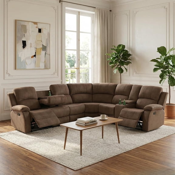 Manual Reclining Sectional Sofa, Brown Corduroy Recliner Couch Set with Cup Holders & Hidden Storage, Multi-Use Furniture for Living Room & Home Office