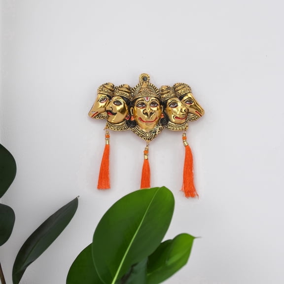 Hastcraft Panchmukhi Hanuman Ji Wall Hanging | Religious Wall Sculpture for Home & Temple | Golden Finish with Orange Tassels | Metal Decorative Art Showpiece (18x4x10 cm)