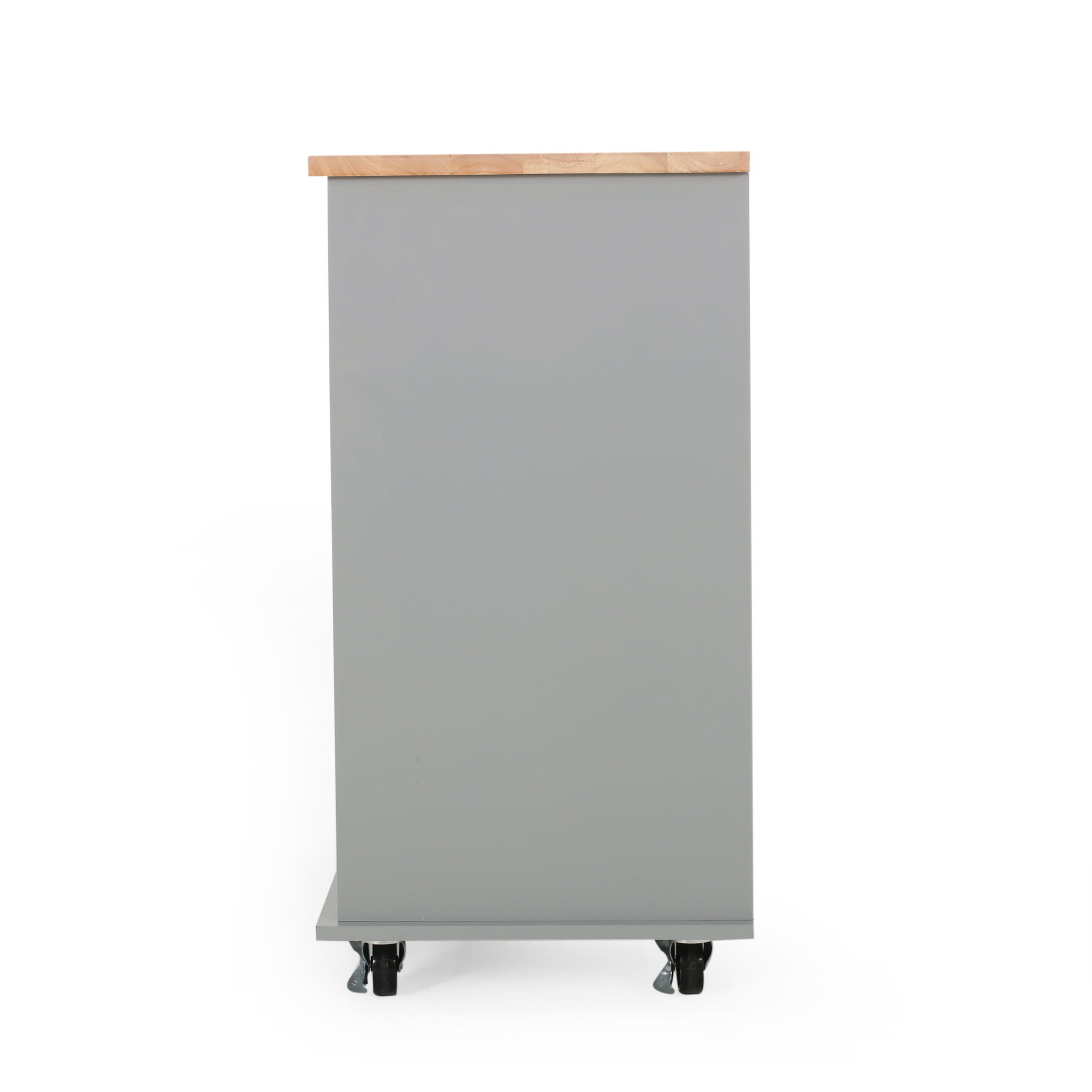 Noble House Ratzy Rubberwood Kitchen Cart with Locking Wheels, Gray