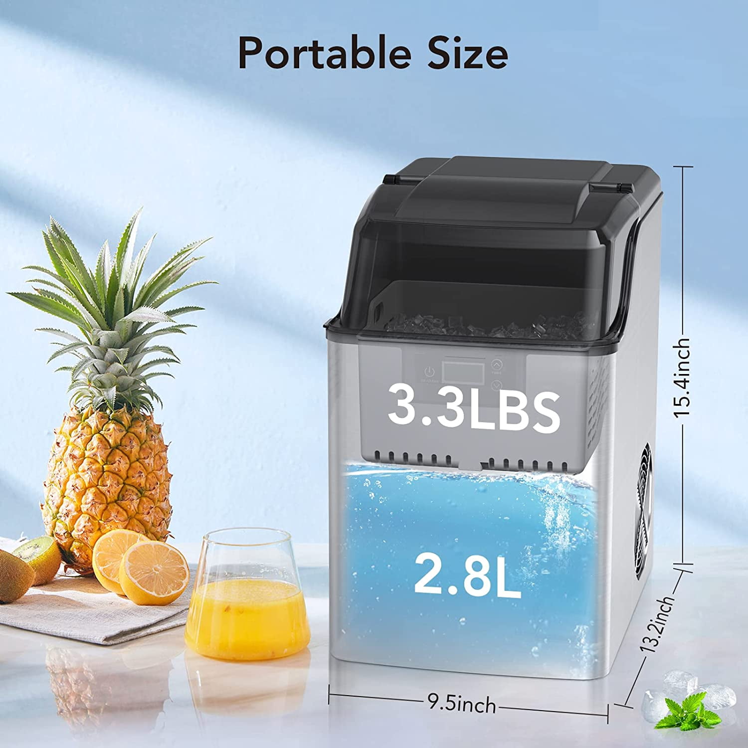 Nugget Ice Maker,Stainless Steel Countertop Pebble Ice Maker, 44LBs/24H, Self-Cleaning & Timer Function, Portable Sonic Ice Maker with Ice Basket & Scoop for Home, Bar