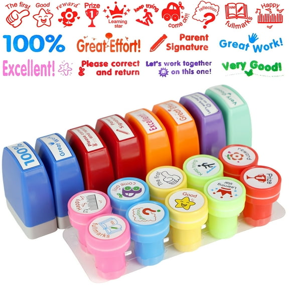 WATUNID 18Pcs Teacher Stamps Set, Teachers Feedback Stamps, Motivation School Grading Stamps with Storage Tray for Encouraging Reward Review