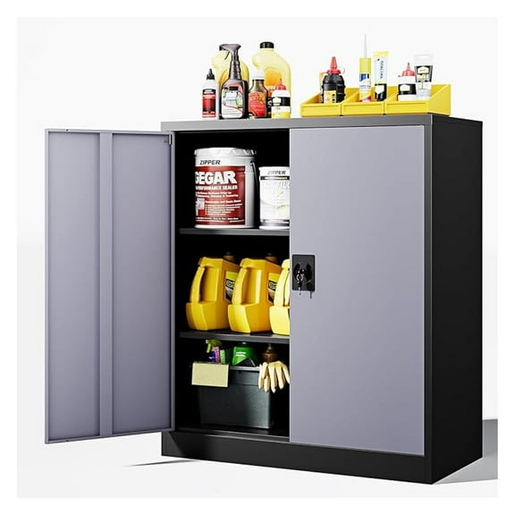 WDZS Metal Storage Cabinets with Lock Door,2 Adjustable Shelves Organizer Steel Storage Cabinets for Home,Office,Warehouse,Garage,Employee Lockers(Black Gray)
