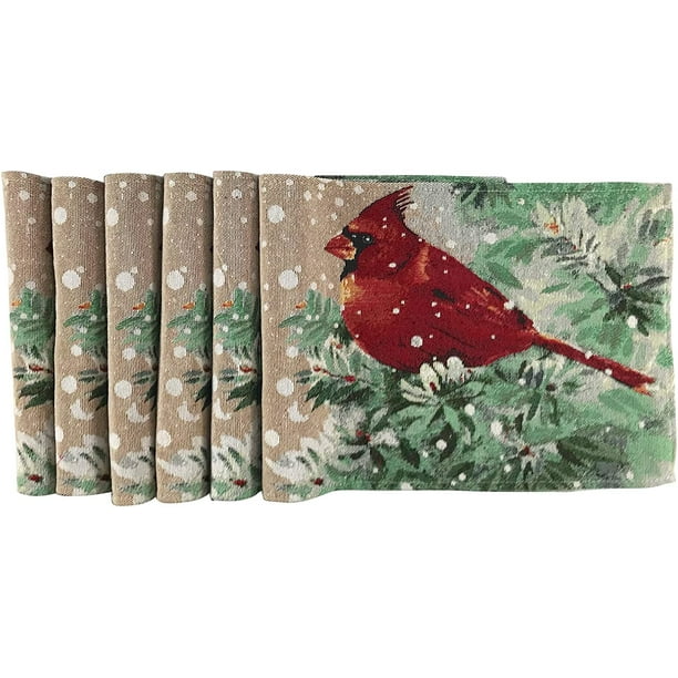 Christmas Holiday Cardinal Placemats, Set of Six (6) Colorful Tapestry Weave Fabric, for Holiday