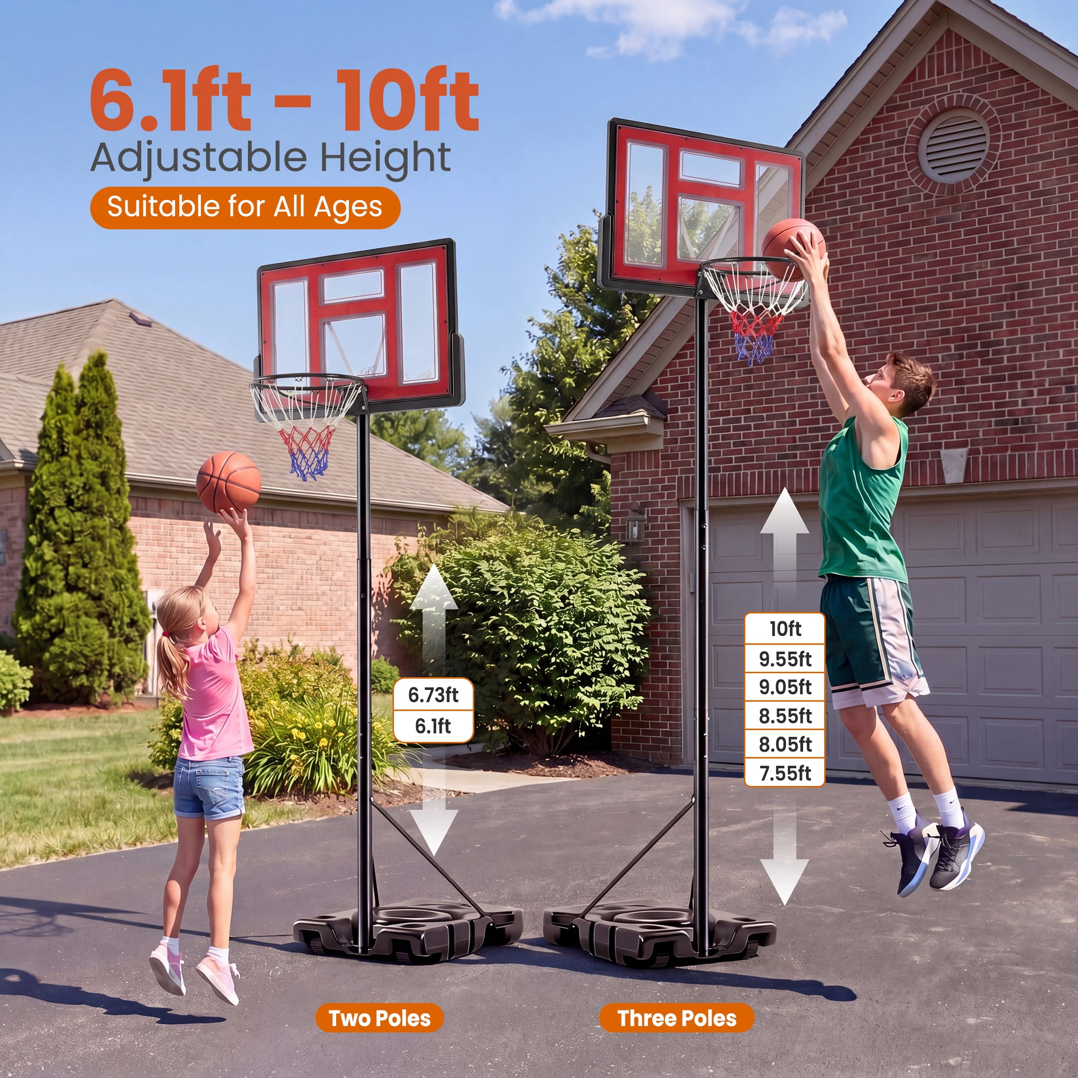 SHOUFTW 10 ft Basketball Hoop, Adjustable Portable System for Kids Youth & Adults, Indoor Outdoor Training Practice with Sturdy Stand, Red