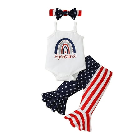 

Baby Girls Outfits Independence Day Letters Printed Sleeveless Tops Bell Bottoms Pants Hairband 3 PCS Ribbed Toddler Vacation Outwear Cute Stylish Comfy Kids Clothes Sets
