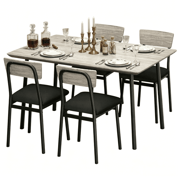 4-Piece Dining Table Set with 4 Upholstered Chairs, Elegant Beveled Edge Design Comfortable Dining Room Table Chairs Set for Home Kitchen Apartment - Grey