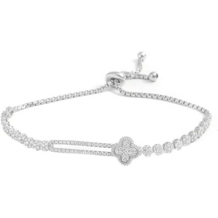Pori Jewelers CZ Sterling Silver Bar and Clover Friendship Bolo Adjustable Bracelet