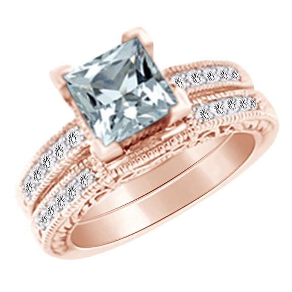 AFFY (2 cttw) Simulated Blue Aquamarine & White Natural Diamond Antique Engagement Ring Set In 14k Rose Gold With Ring Size 4