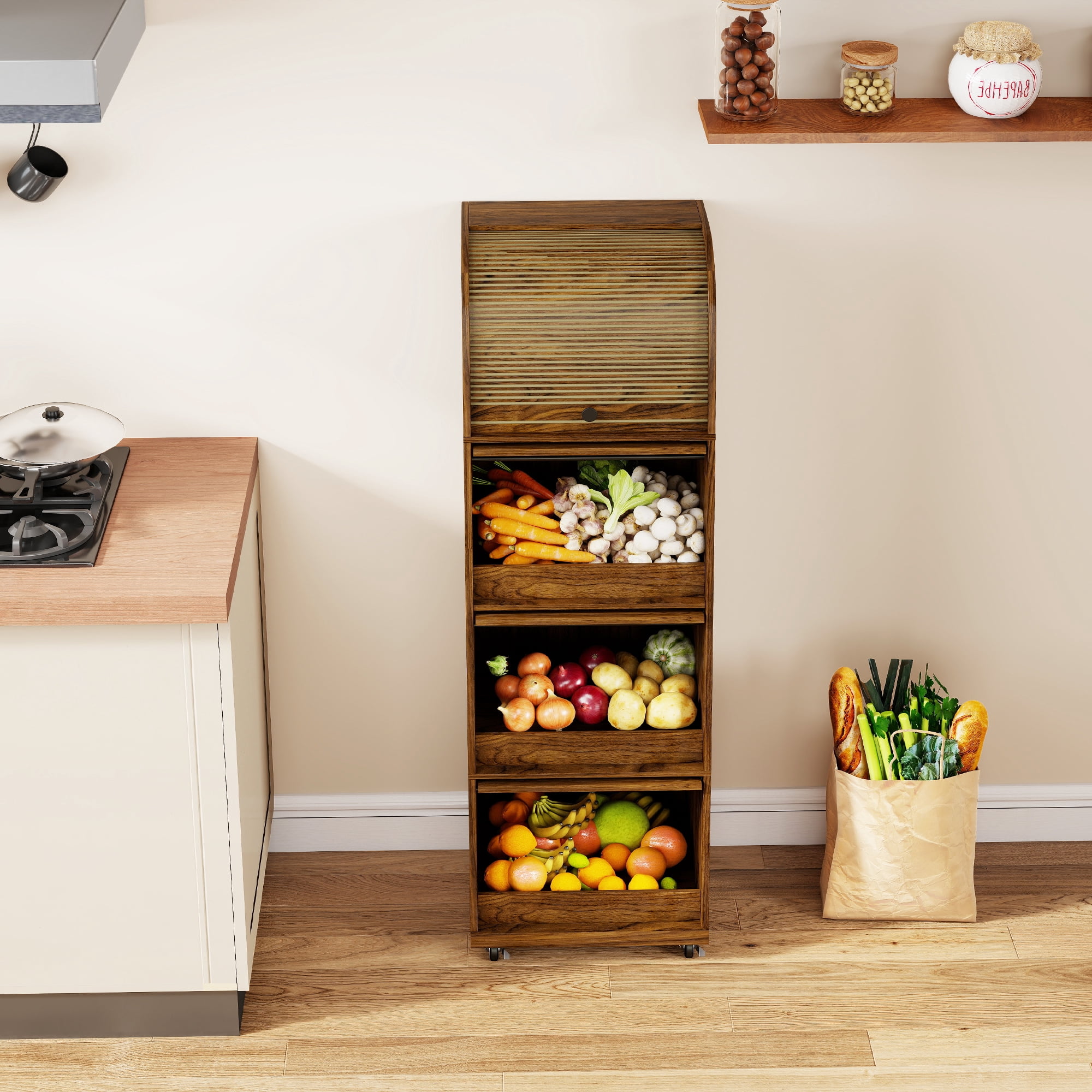4 Tier Large Tall Potato Storage Bin with Wheel  Wood Food Small Kitchen Pantry Cabinet for Kitchen Living room