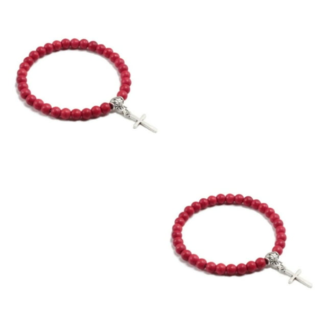 Maytalsory Blended Wide Application Bracelets With Cross Pendant Versatile And Trendy Cross Pendant Bracelets red 2Set