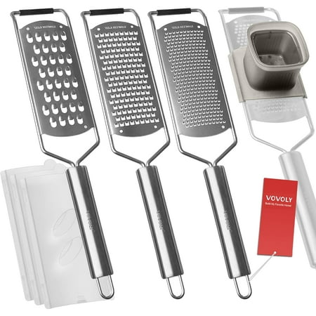 

Vovoly 4-Pcs Pro Set Zester Grater Set Cheese Grater with Razor-Sharp Stainless Steel Blade Fine/Coarse/Extra Coarse/Slider Attachment