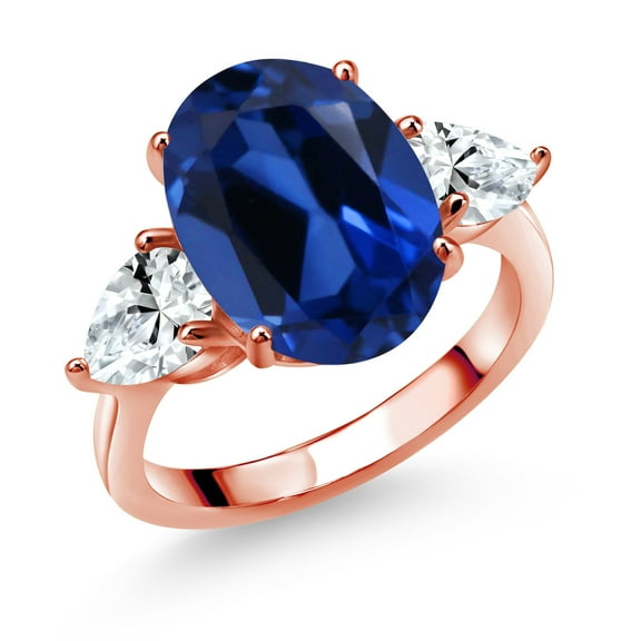 Gem Stone King 18K Rose Gold Plated Silver Blue Simulated Sapphire and White Created Sapphire Ring for Women (8.00 Cttw, 14X10MM Oval and 7X5MM Pear Shape, Gemstone, Size 8)