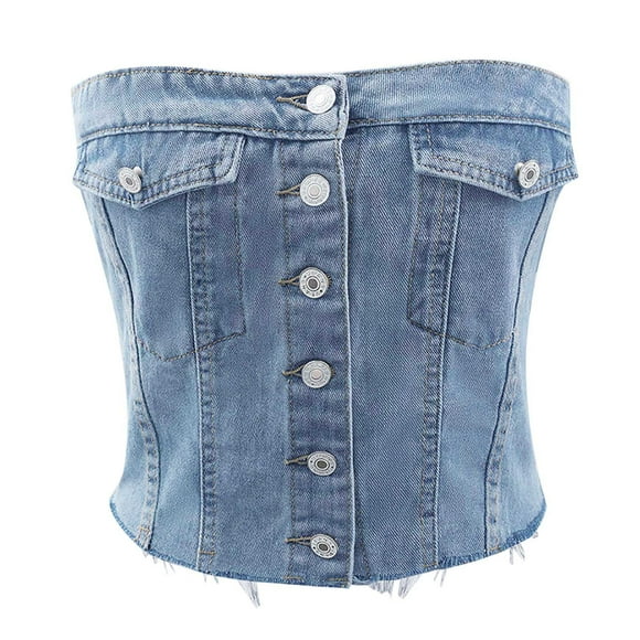 Kaemgyyd Women's Denim Corset Top Strapless Button Front Crop Bandeau Jean Tops Fashion Raw Hem Summer Casual Going out Clothes