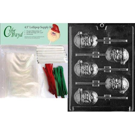 

Cybrtrayd 45stK50C-C069 Santa Pop Christmas Chocolate Mold with Lollipop Kit and Molding Instructions Includes 50 Lollipop Sticks 50 Cello Bags 25 Red and 25 Green Twist Ties