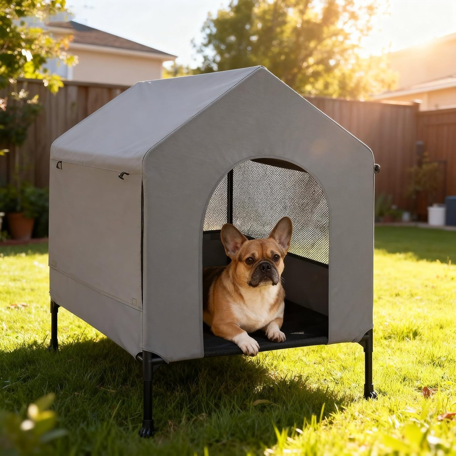 Veehoo 29-inch Dog House 2-in-1 Small Dog House for Outdoor and Indoor Weatherproof Exterior elevated dog bed dog tent sunshade three-sided breathable mesh windows and sunshade non-slip footing