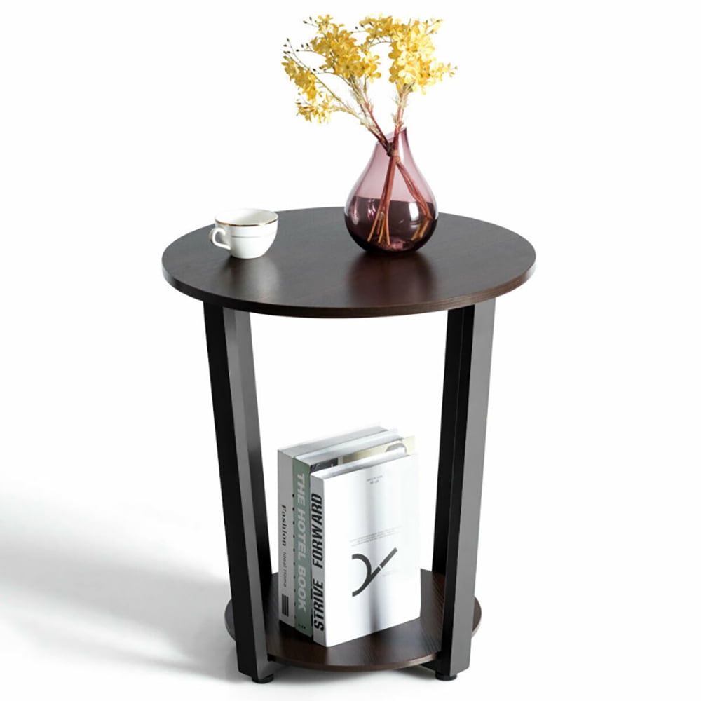 Finihen Round End Table, 2-tier Round End Table with Storage Shelf & Metal Frame, for Living Room, Bedroom, Walnut Finihen Round End Table, 2-tier Round End Table with Storage Shelf & Metal Frame, for Living Room, Bedroom, Walnut