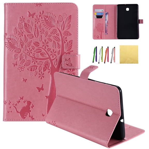 Galaxy Tab A 8.0 2018 Case, Allytech Embossed Cat & Tree PU Leather Stand Folio Wallet Case Cover with Credit Card Slots for Samsung Galaxy Tab A 8.0 (Model: SM-T387), Pink