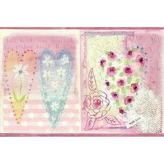 Dundee Deco Prepasted Wallpaper Border - Kids Pink, Purple Hearts, Butterflies, 15 ft x 7 in