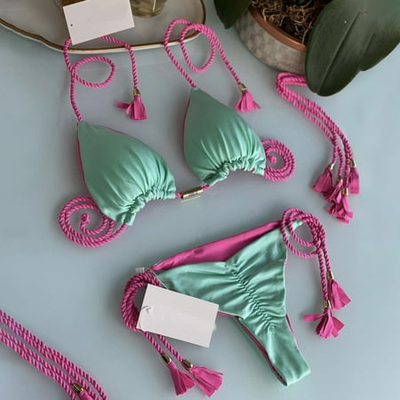 kaioher 2 Pcs/Set Women Bikini Set Off Shoulder Lace-up Tassel Color Matching Halter Neck Patchwork Soft Padded Wireless Lady Beachwear Bathing Suit Swimsuit
