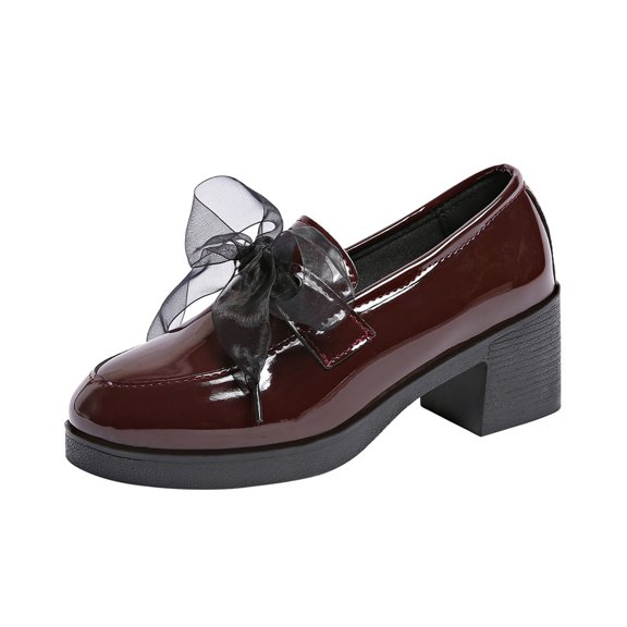 Gpaecead Women Mesh Bow High Heel Loafers Solid Color Faux Leather Spring Summer Heightening Chunky Heel Shoes, Burgundy