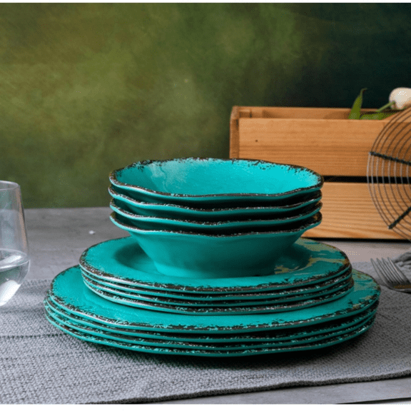 12 Piece Vintage Melamine Dinnerware Sets Include 4 Dinner Plates, 4 Salad Plates and 4 Bowls Service for 4, Unbreakable Farmhouse Dishes and Bowls Suitable for Indoor and Outdoor Use Teal