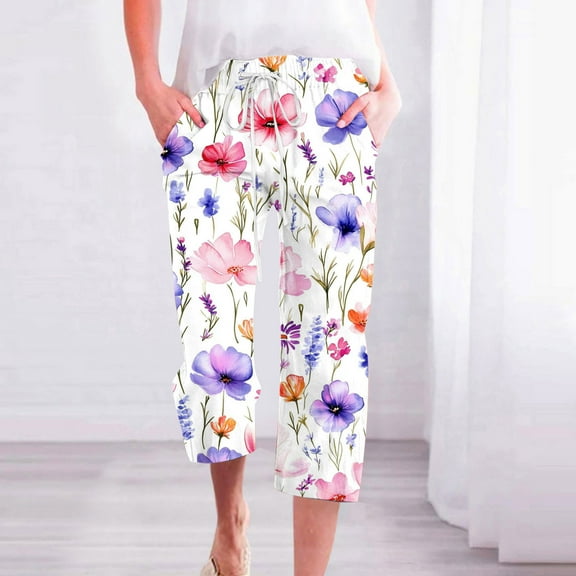 SELONE Capris Pants for Women Mid Waist Plus Size Lounge Pants Trouser Pants Loose Casual Beach Pants Drawstring Flowers Soft Straight Leg Lightweight Comfy Multicolor M Breathable Summer Clothes