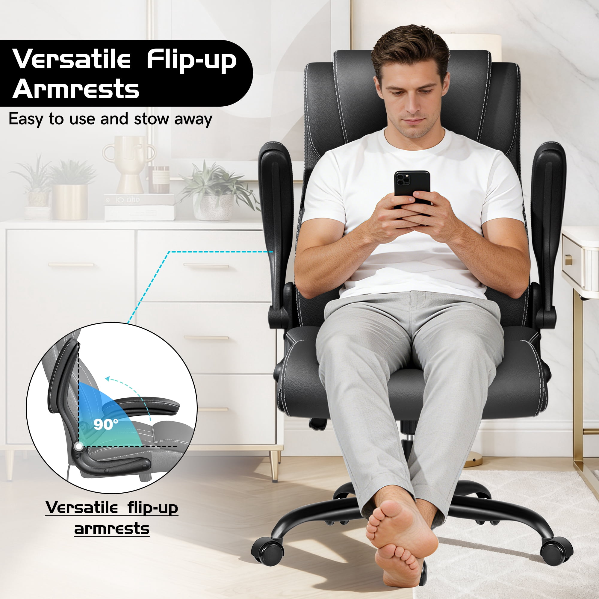COOLHUT Big and Tall Office Chair 350LBS, Comfy Heavy Duty Executive Desk Chair with Adjustable Lumbar Support, Higth Back Computer Home Office Chair with Padded Flip -up Arms, Black