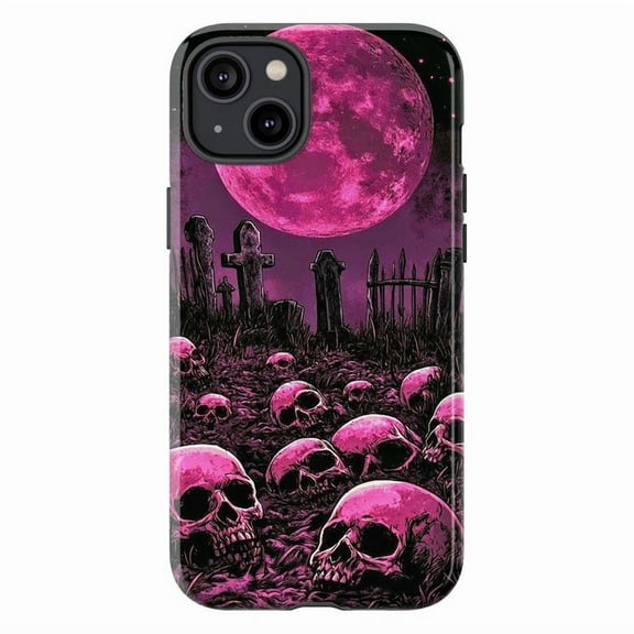 Gothic Skull Phone Case with Pink Moon, Horror Graveyard Aesthetic Protective Cover, Spooky Halloween Creepy Goth Case for iPhone 16 15 14 13 12 11 Pro Max Mini Plus