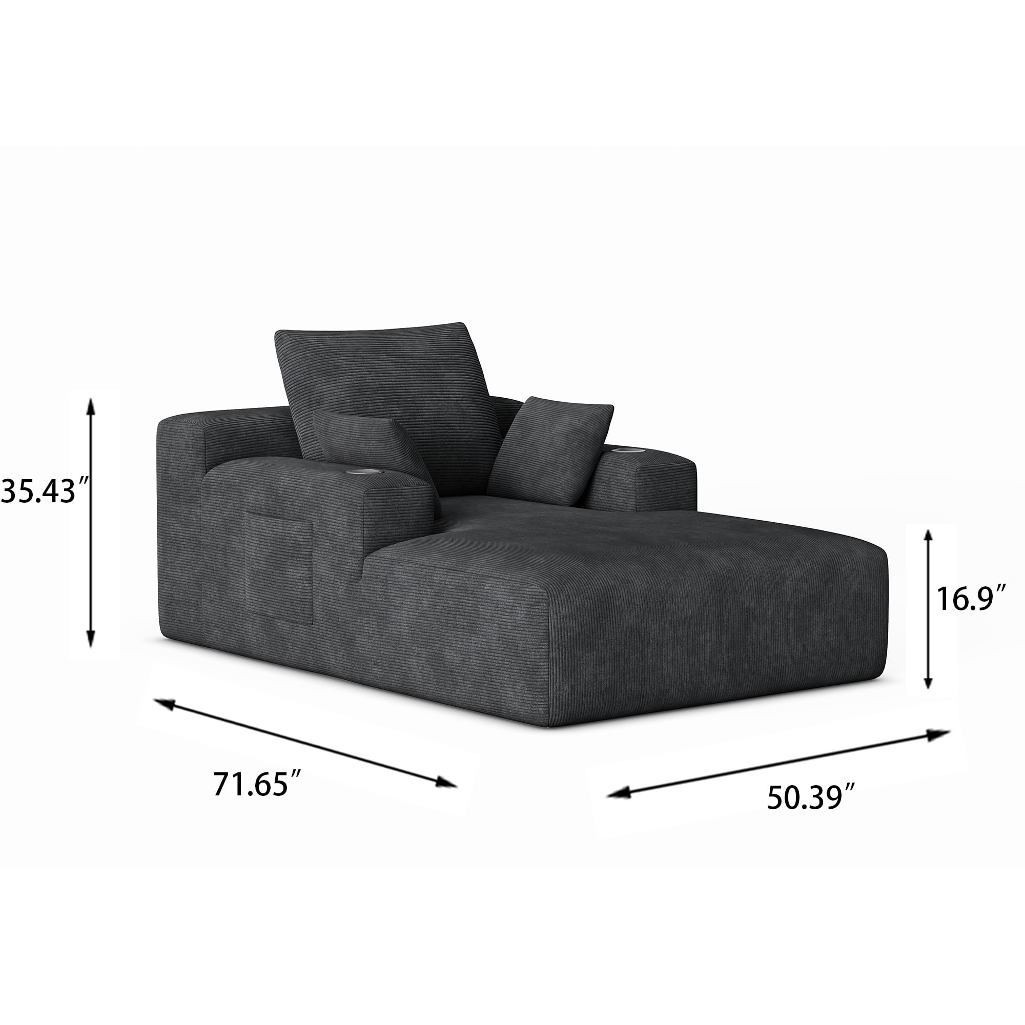 GARITIN Chaise Lounge Sofa 71 Inch, Corduroy Oversized Deep Seat Lounge Chair with Cup Holders and Storage Pocket for Living Room Bedroom, Black