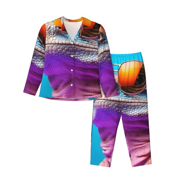 Balery Lizard With Sunglasses Colorful Conjunto de Pijama con Estampado para Mujer, Conjunto de Dos Piezas con Manga Larga, Ropa de Dormir Suave con Bolsillos, Pijamas Cómodos-Large