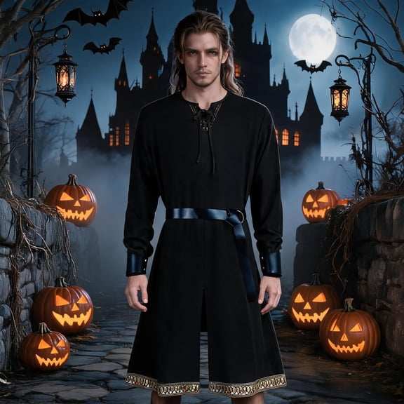Medieval Tunic Robe, Belt Bracers Viking, Renaissance Long Shirt, Costume Historical, Medieval Tunic Robe With Belt and Bracers Viking Renaissance Long Shirt Costume for Renaissance Fair, Black L