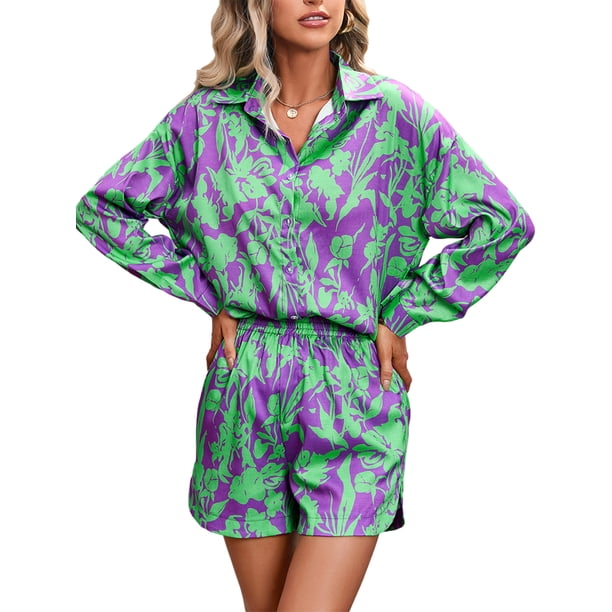 VISgogo, pantalones cortos para mujer, traje de ocio, estampado a la moda/color sólido, manga larga, camisa de un solo pecho, pantalones cortos con cintura elástica VISgogo moda