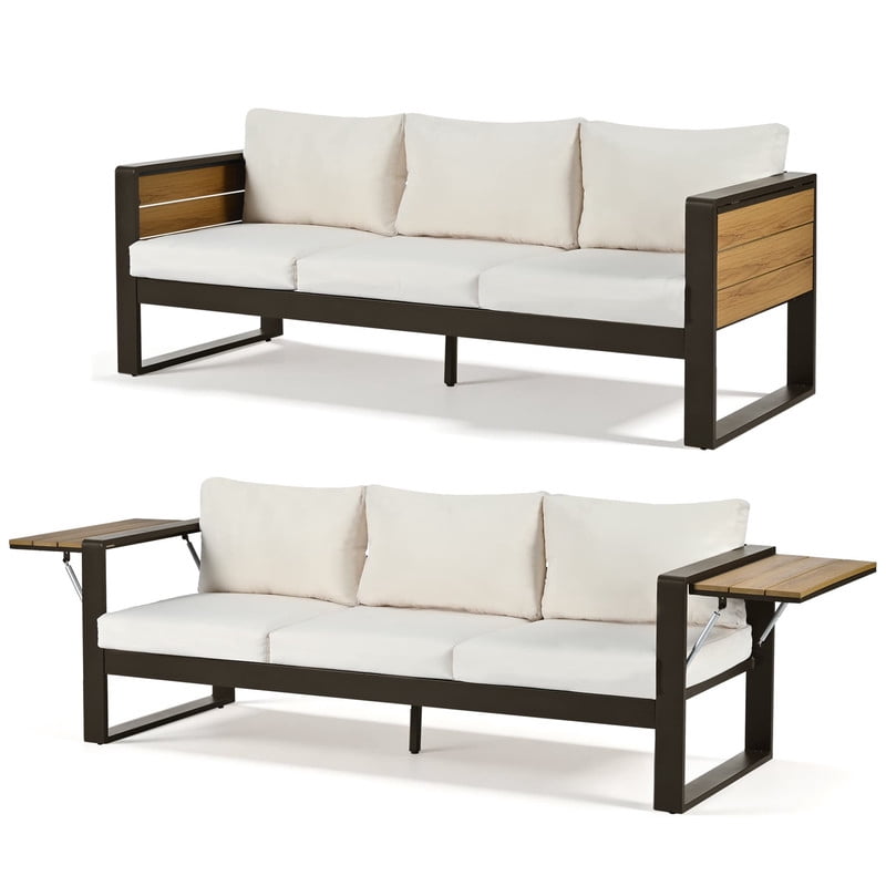 4-Piece Aluminum Outdoor Patio Furniture Set, 5-Person Outdoor Sectional Sofa Set, 3-Seater Sofa, 2 Armchairs with Fold-Out Side Tables
