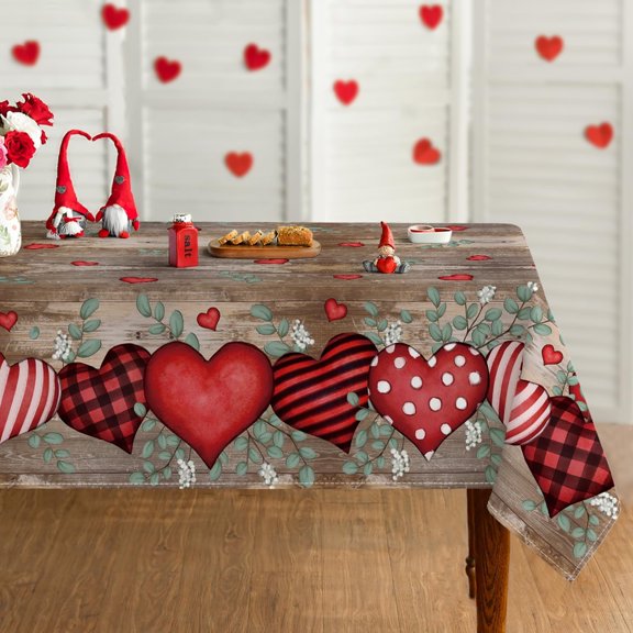 Valentine''s Day Tablecloth 60×120 Inch Rectangular, Love Hearts Eucalyptus Wood-Colored Washable Table Cover for Party Picnic Dinner Decor