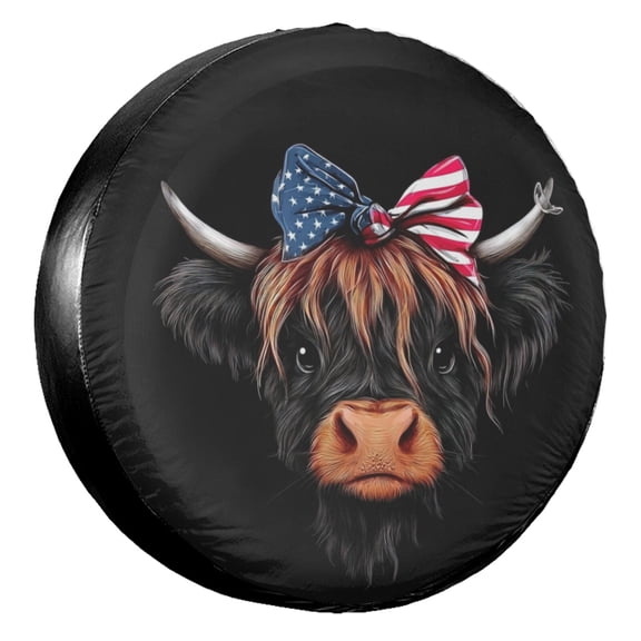 KAKALAD Cute Cow American Flag Spare Tire Cover Universal Vehicle Accessories Buckle Car Tools 14”in
