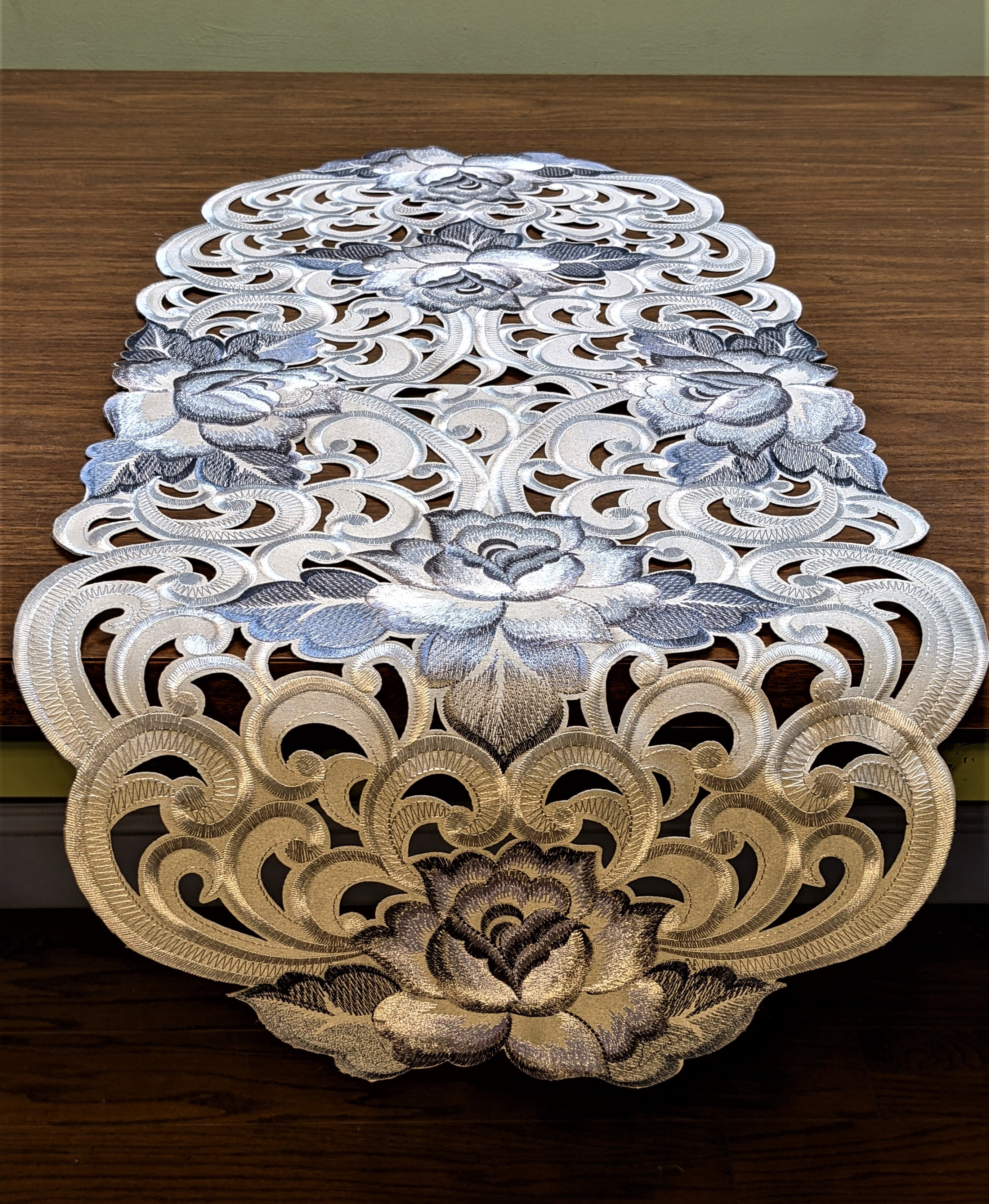 Doily Boutique Table Runner with Cutwork Gray and Silver Roses on Fabric Size 44 x 15 inches