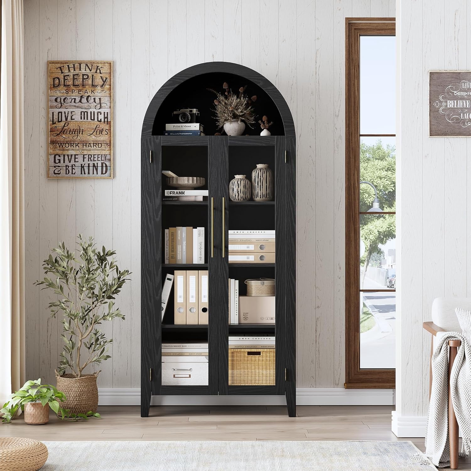 Memoryfield Farmhouse 5 Tier Bookcase Display Shelf, with Adjustable Shelf and 2 Large Glass Doors, Arched Kitchen Pantry Cabinet, Versatile Storage Cupboard, Black