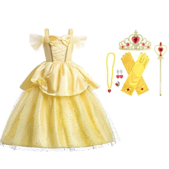 Girls Belle Princess Dress Tulle Dress Up Costume Christmas Birthday Party Gown